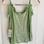 Shyanne Green Sage & Gold Sequin Strappy Lettuce Edge Embroidered Blouse Sz XS Photo 2