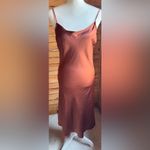Mimi & Dottie Sleek Satin Midi Slip Dress in Rust size Medium w spaghetti strap Brown Photo 1