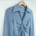 ZARA Sparkle Ruched Button Front Cutout Long Sleeve Blouse Top Light Blue Sz S Photo 5