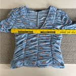 ZARA Baby Blue Pink Floral Mesh Rusched V Neck Elbow Sleeve Top Size Small Photo 7