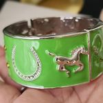 Vintage Silver Green Equestrian Horse Clamper / Hinge Bracelet Photo 0