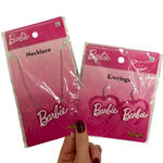 Barbie Classic Logo Necklace Earrings Womens Pink Glitter Heart Charm Spirit NEW Photo 0