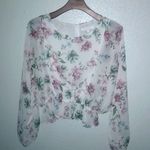 Olivaceous  S Soft Floral Pink Green on White Bubble Hem Top Photo 0
