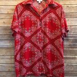 Topshop  Red Floral Paisley Bandana Print Short Sleeve Button Down Blouse Size 4 Photo 0