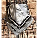 Vintage Neck Scarf Silver Black Floral Art Deco Hand Rolled Hem Korea Co… Photo 0