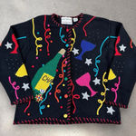 Vtg Y2K New Year's Eve Day‎ Christmas Holiday Celebration Sweater Cardigan Sz L Black Size L Photo 0