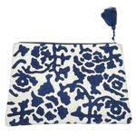 Two’s Company‎ Blue White Cotton Tassel Pouch Bag Embroidered 11.5x8 Photo 0
