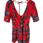 Trixxi Romper Womens Size S Red Blue Short Sleeve Scoop Neck Zip Back Outfit Photo 0