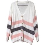 SheIn size large women's striped cardigan v-neck sweater pink grey soft light Photo 7