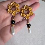 Vintage Gold Tone Rose Black White Drop Earrings Womens Jewelry 80s Photo 3