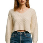 Volcom Ivory Textured Fuzzy V-Neck cropped Sweater Women’s Size L | NWT $70 Photo 0
