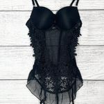 Sheer Black Lace Bustier Lingerie with Floral Appliqué and Garter Straps Size XL Photo 11