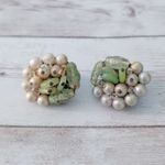 Vintage Clip On Earrings Green & Cream/Beige Tones Photo 1