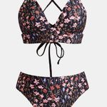 Cupshe NWT Garden Meadows Black Floral Bikini Midrise Bralette Photo 0