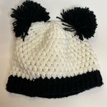New Hand Crocheted Knit Panda Beanie Hat Black White Funky Unique Pom Pom Ears Photo 2