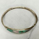 Vintage Alpaca Mexico Mother of Pearl Shell Flower Inlay Bangle Green Photo 4