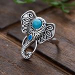 Bohemian Elephant Ring with Turquoise Accent Silver Plated Adjustable Open Band Silver Photo 4