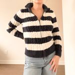 L.L. Bean Cable Knit Navy and Blue Striped Zip Up Sweater Size XS Photo 2