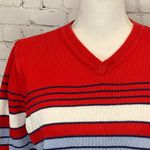 Marsh Landing  Sweater Vintage V Neck 100% Cotton Striped Red/Blue/White-Medium Photo 3