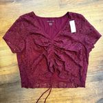 American Eagle Outfitters Maroon Lace Ruched Tie Front Ruffled Hem Crop Top Photo 0