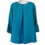 Bryn Walker  Blue Turquoise Linen Bell Sleeve Scoop Neck Hi-Low Blouse size L Photo 3