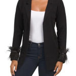 Sioni Medium Solid Black Open Front‎ Cardigan Blazer Feather Trim Sleeves Detail Photo 0