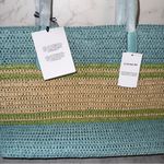 Coach NWT  Straw and smooth leather City Tote Bag CBG87 Turquoise Blue Photo 3