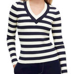 Madewell NWT V Neck Striped Sweater Size Medium Blue White Ribbed Slim Fit Photo 0