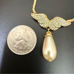 Vintage Unsigned Pave Crystal Angel Wing Faux Pearl Teardrop Gold Photo 5