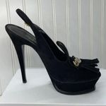 Yves Saint Laurent Black Suede Fringe Chain Open Toe Slingback Stiletto Heel 8.5 Photo 0