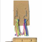 None Rainbow Tassel Fringe Statement Earrings Slip On Dangle Hoop Silver Green Pink Photo 3