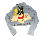 Looney Tunes Members Only Women's Medium Denim Painted Cropped Jacket Photo 4