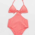 Aerie Jacquard Cut Out String One Piece Swimsuit NWT Coral Sun Photo 2