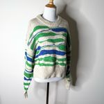 Aerie Intarsia Abstract Green and Blue Striped Sweater Photo 4