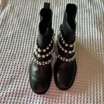 ZARA  Leather Lug Sole Pearl Accented‎ Chelsea Ankle Boots Photo 9