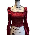 SheIn Satin Peasant Crop Top Red Small Stretch Shirred Shiny Puffy Sleeve Photo 0