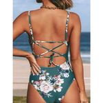 Cupshe Floral Lace Up One Piece Swimsuit Green / Teal Floral Large Photo 1