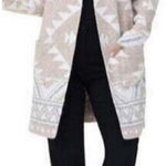 Frye  Beige Cream Geometric Pattern Open Front Long Sweater Cardigan, Size XL Photo 0
