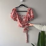 Madewell  Linen Blend Floral Wrap Top Red White Short Puff Sleeves V-Neck Smocked Photo 1