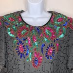 Vintage Black Pink Blue Green Sequined Beaded Silk Top Size XXL Photo 2