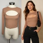 Brave Soul  Taupe Ribbed Cut-Out Long Sleeve Top | Size S NWT‎ Photo 7