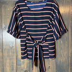 West Kei Striped Tie Waist Blouse‎ Top, Short Sleeve, Navy Blue, Red, White Photo 0