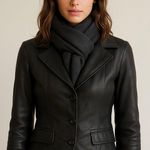 Y2K Classic 90s Minimalist Black Soft Genuine Leather Fitted Blazer Large Photo 0