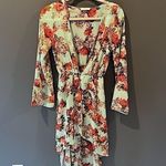 Teal Floral High Low Long Sleeve Cover Up Dress, One Size/Small Blue Photo 0