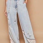 POL Floral Patchwork Light Wide Leg Embroidered Tie Belt Relaxed Fit Jeans Large Photo 0