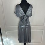 VINTAGE ELEGANT SILVER SHIMMER TWIST FRONT MIDI DRESS Photo 2