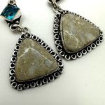 Tan and blue rhinestone silver tone triangle drop earrings Photo 10