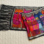 Laurel Burch Tribal Felines 100% Silk Scarf Black Fringe Cat Scarf Photo 0