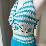 Vintage 70’s Handmade Turquoise Embroidered Halter Handkerchief Hem Dress Small Blue Photo 9