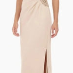 JS Collection Ashley Draped Column Gown Champagne Beaded Formal Dress Sz 12 NWT Gold Photo 0